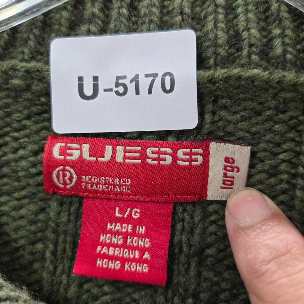 VINTAGE Guess‎ Men Sweater Large Green Knit 100% Lambswool Polo Collar Pullover